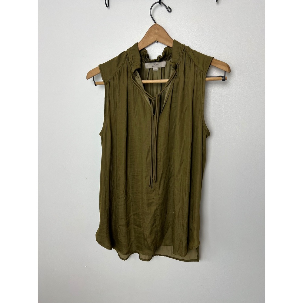 LOFT Olive Green Sleeveless Ruffle Neck Tie Front Blouse Top Size M